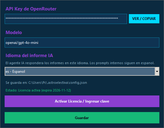 Configuración de API Key, modelo IA e idioma