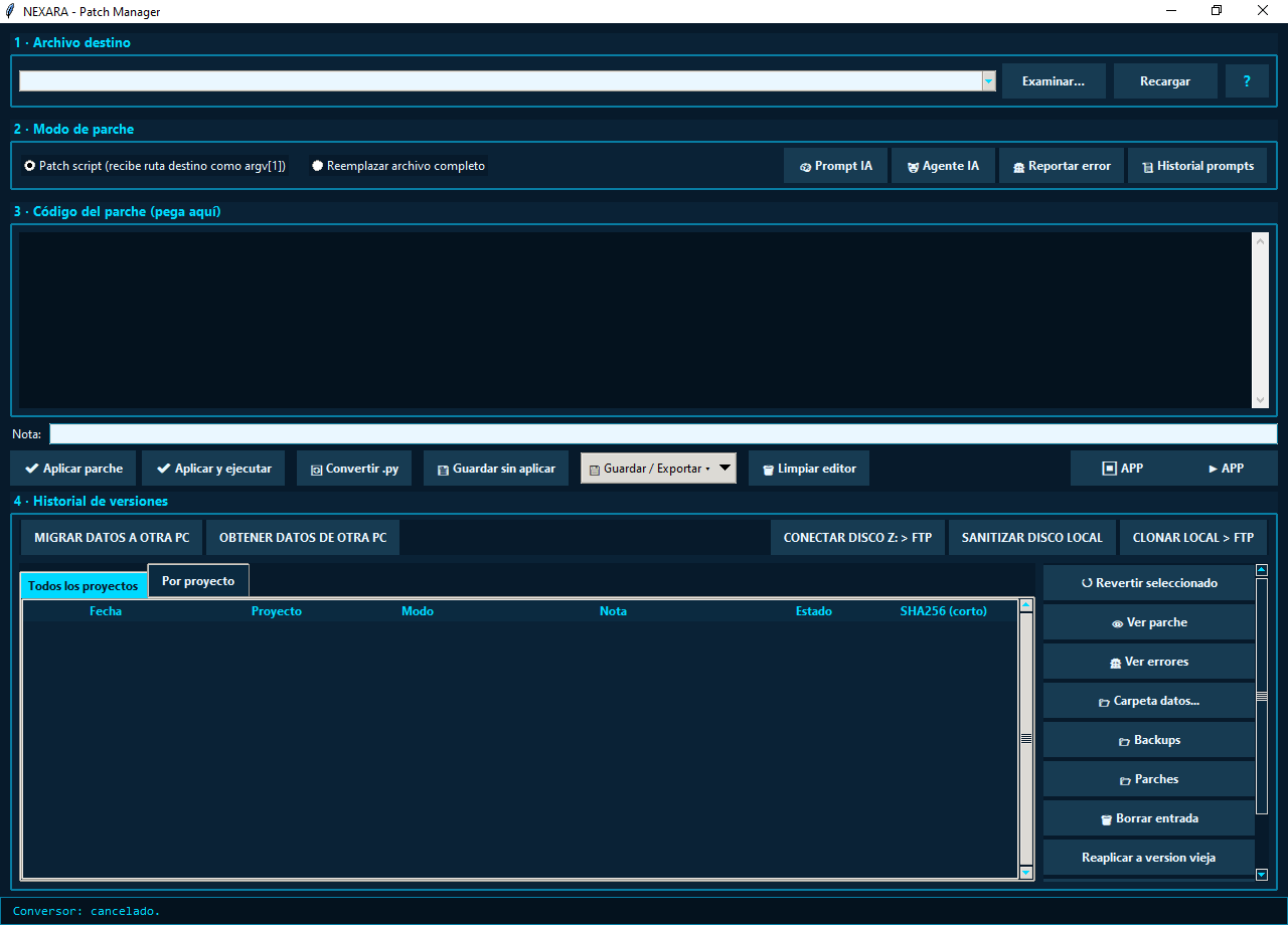 Patch Manager con editor de parche e historial
